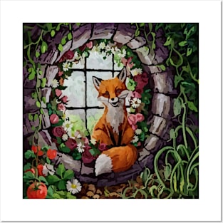 watercolor fox with garden and mixed flowers Posters and Art